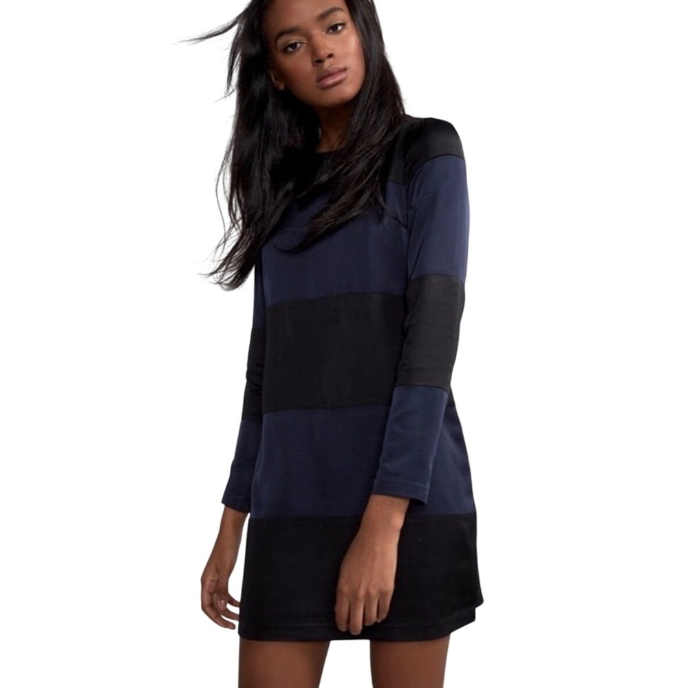 Cynthia Rowley Mini Dress 0 Black Blue Striped Long Sleeve Viscose Rayon